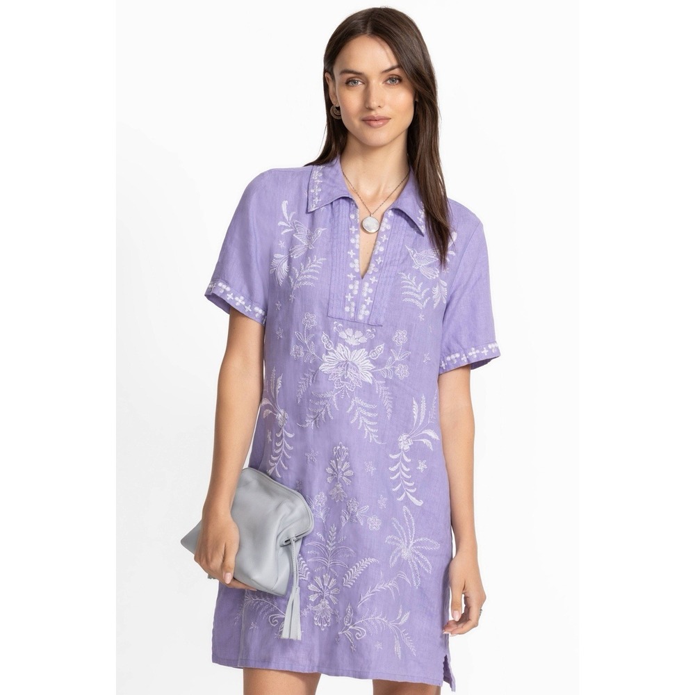 NWOT Johnny Was Linen Henley Collared Dress Sz XS Embroidered Boho Preppy $275 - Picture 3 of 15